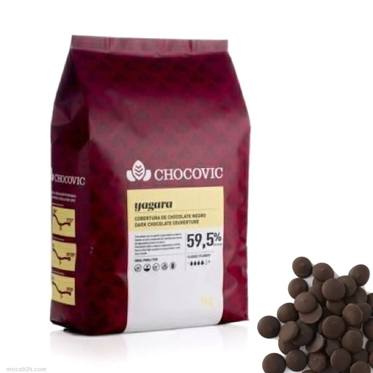 Cioccolato fondente Chocovic 59,5% Yagara. Dolce aroma di cacao, con un equilibrio dolce-amaro molto sottile che lo rende perfetto per la preparazione di praline, tartufi, ganache e molti altri prodotti di cioccolateria. 