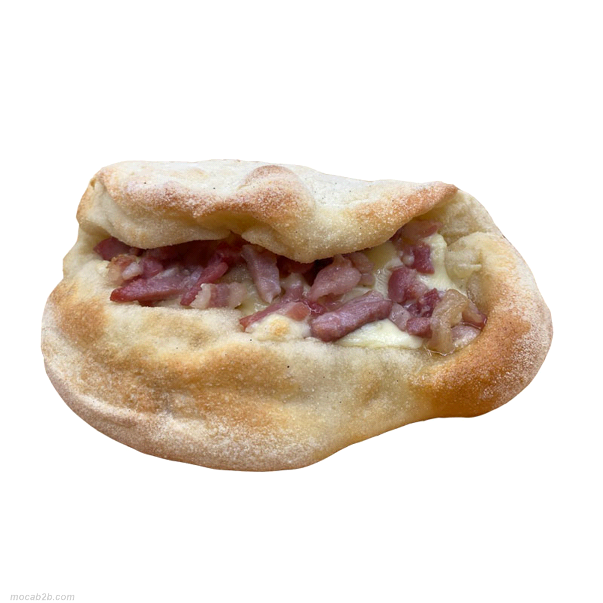 Focaccia farcita a mezzaluna con mozzarella e prosciutto cotto, 150 gr. Dimensione 15 cm. Rigenerare a 250°C circa in forno statico o ventilato per 6 minuti circa. 