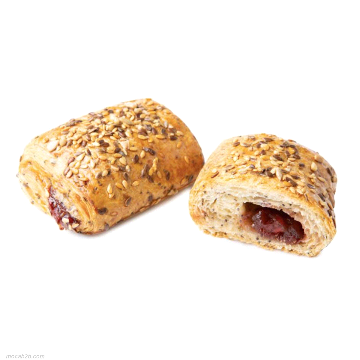 Fagottino al mirtillo rosso e bacche di Goji con topping semi di lino gialli e scuri, semi di girasolesgusciati e spezzati. Pronto forno, cuocere per 21-23 min a 170°C. Peso 85gr 