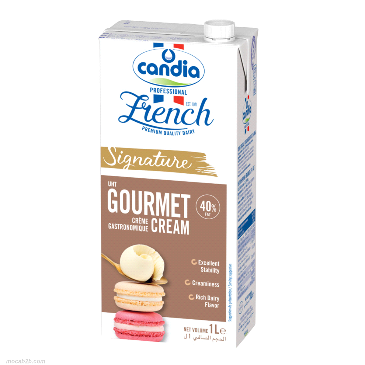 Panna sterilizzata U.H.T. con 40% di materia grassa. Combinazione perfetta tra il vero sapore autentico del latte e un extra extra di freschezza, con una stabilità senza pari. Cremosità elevata, sapore intenso di latticini francesi fresco e non pesante, elevata versatilità. 