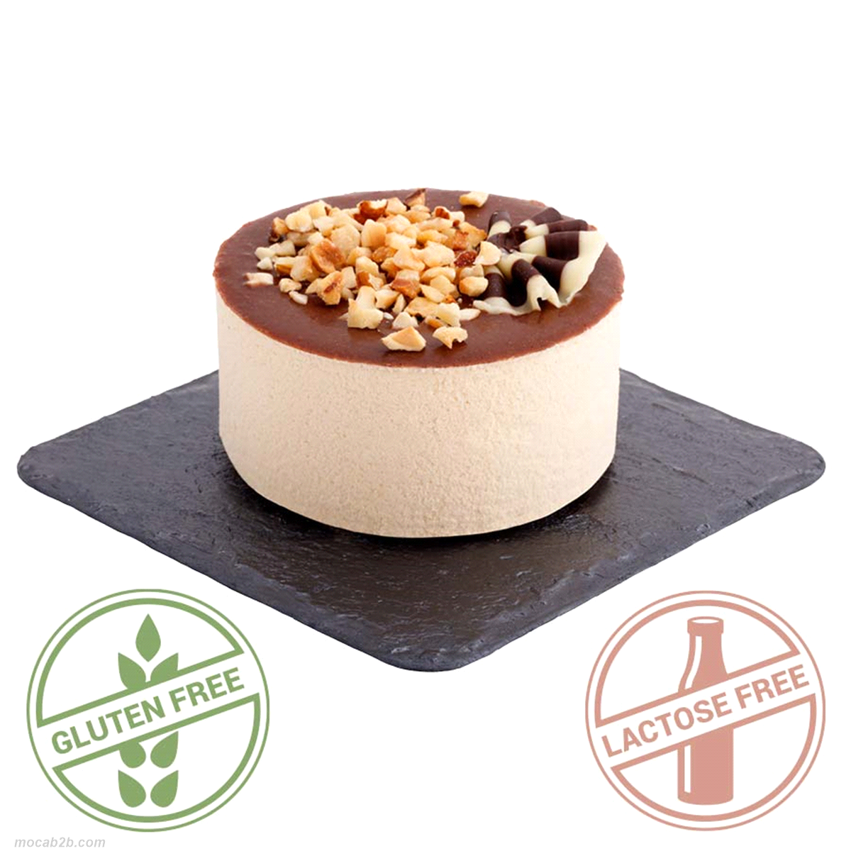 MONOPORZIONE SENZA GLUTINE e SENZA LATTOSIO. Saporita mousse alla nocciola con decoro di granella e gelatina al cacao. 