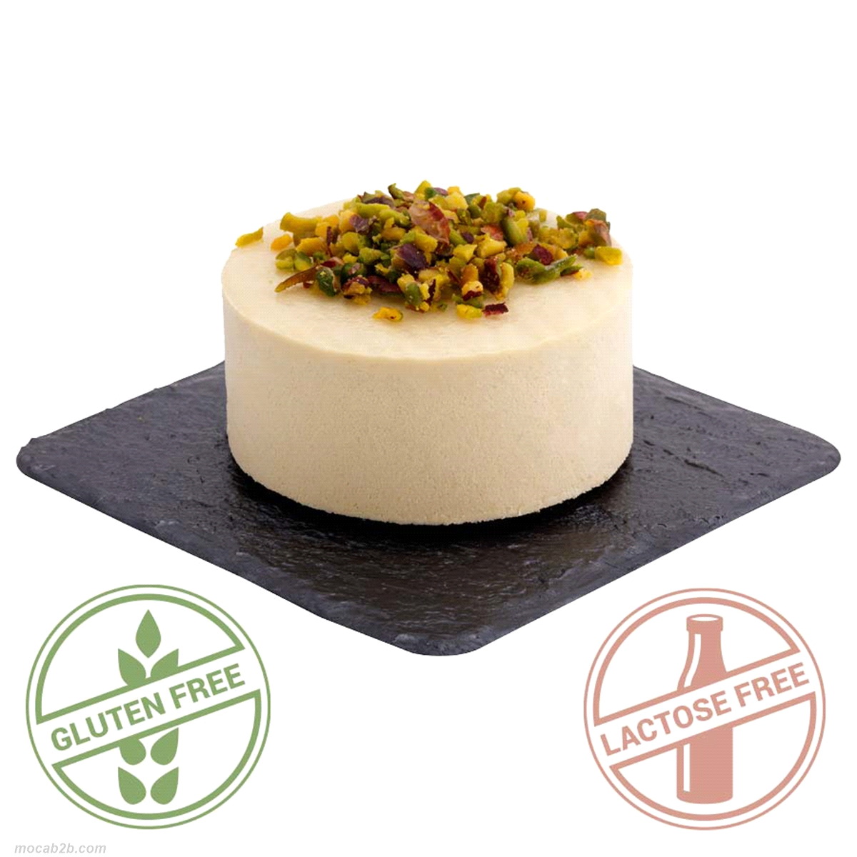 MONOPORZIONE SENZA GLUTINE e SENZA LATTOSIO. Mousse al pistacchio decorata con granella di pistacchio. 