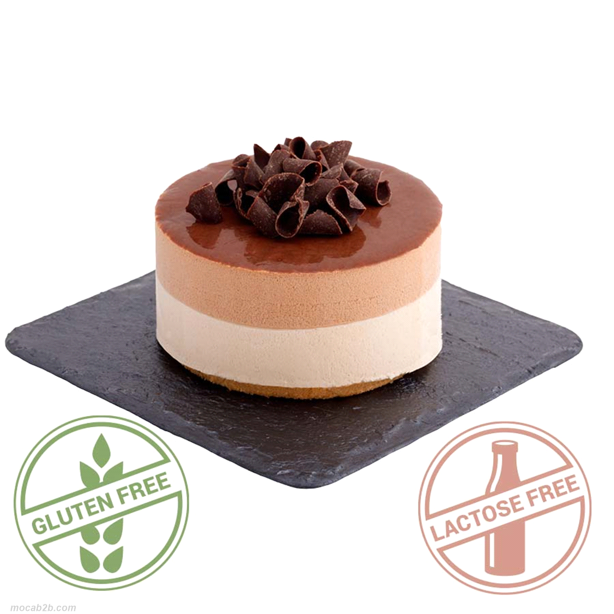 MONOPORZIONE SENZA GLUTINE e SENZA LATTOSIO. Croccante biscotto al cacao e nocciole, due strati di mousse al cioccolato e nocciole, ricoperta da glassa alla gianduia. 