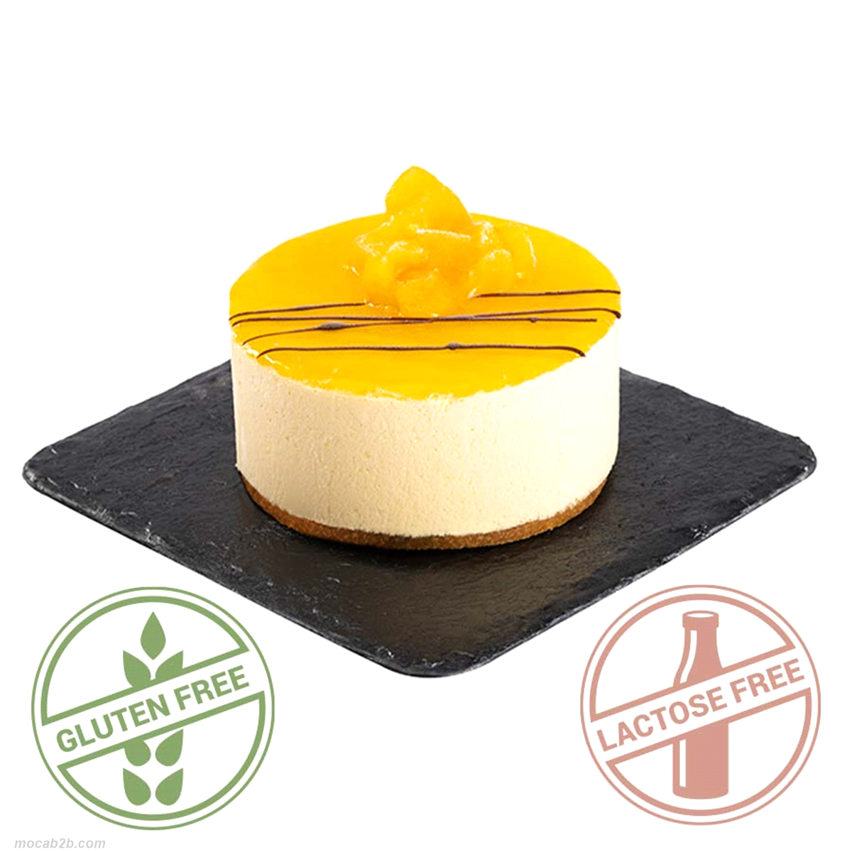 MONOPORZIONE SENZA GLUTINE e SENZA LATTOSIO. Biscotto al cocco, farcito con semifreddo al mango e cuore di cremoso al passion fruit. 