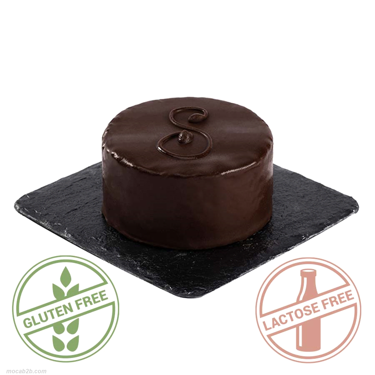 MONOPORZIONE SENZA GLUTINE e SENZA LATTOSIO. Pan di Spagna al cioccolato, confettura di albicocca, ricoperta con cioccolato fondente. 