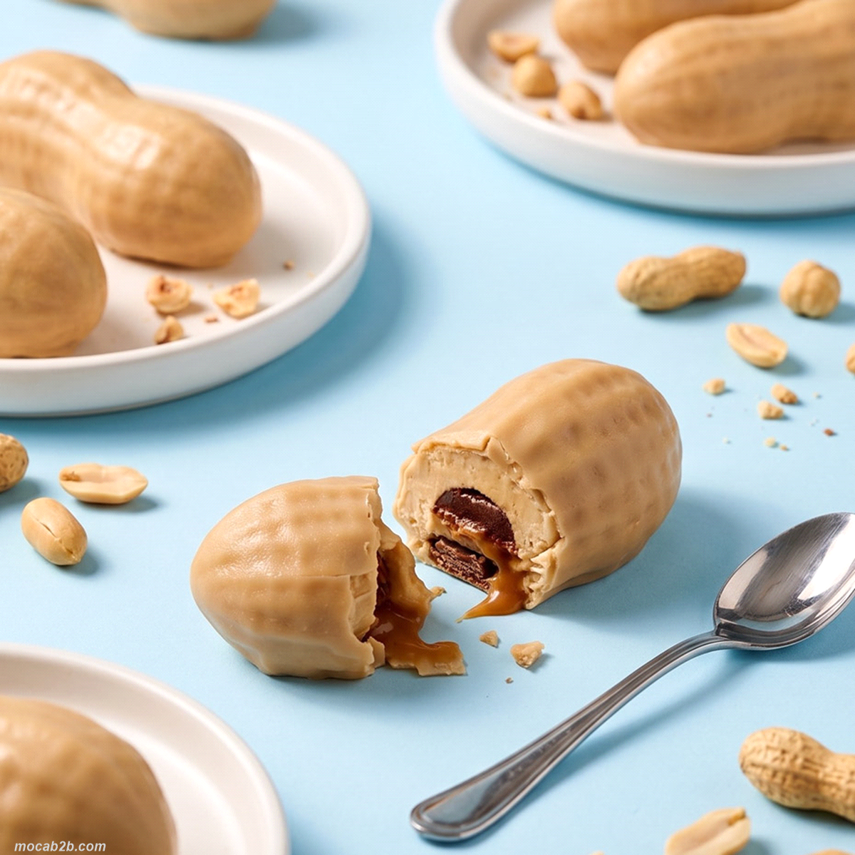 Un cremoso realizzato con pasta di arachidi 100% racchiude un cuore di caramello alla vaniglia, adagiato su un cremino croccante al cioccolato al latte e arachidi con una delicata nota salata. La glassatura al cioccolato bianco, valorizza i dettagli e conferisce al dessert un