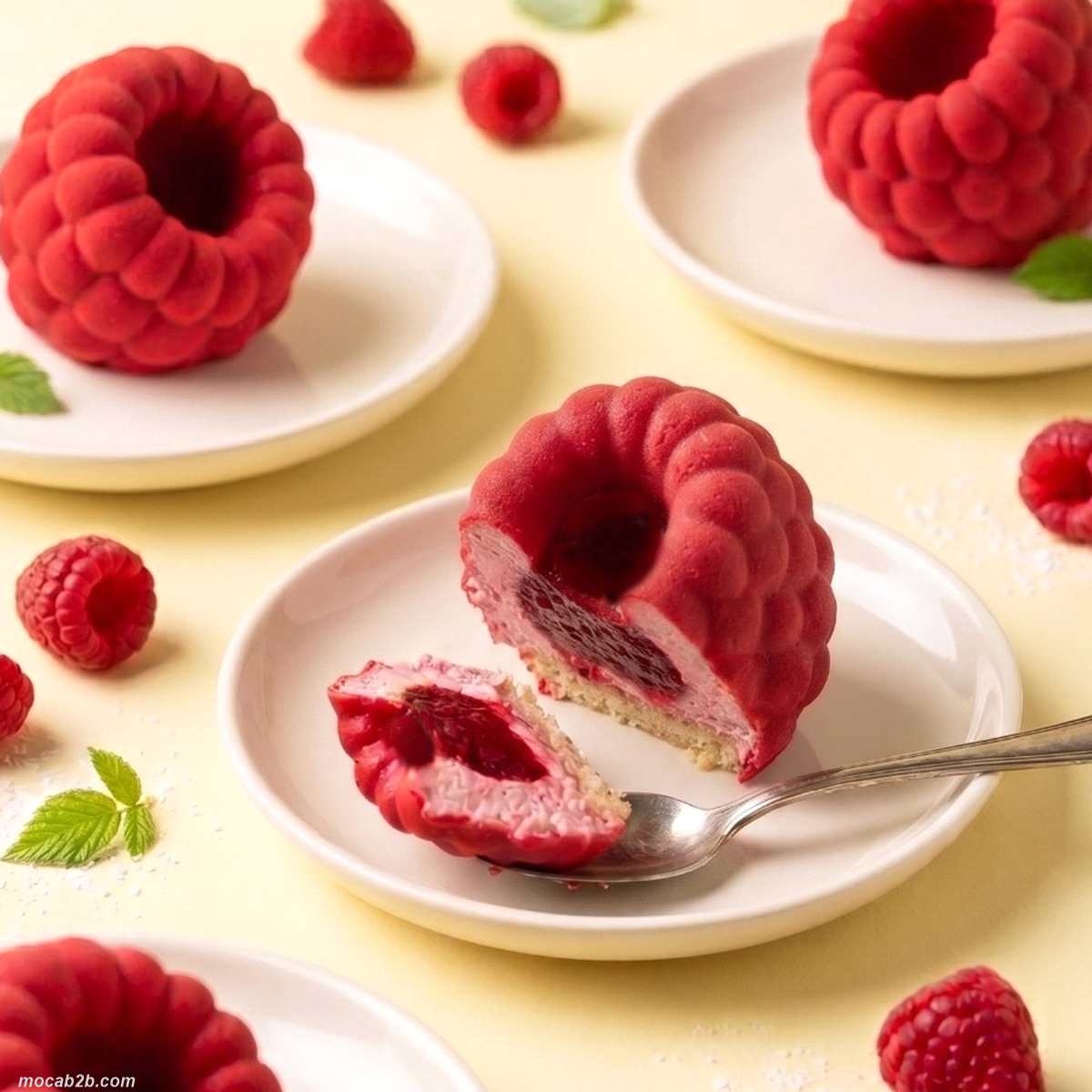 Un cremoso soffice al lampone racchiude un cuore di composta di lampone, adagiato su un croccantino al wafer che dona un piacevole contrasto di consistenze. La glassatura al cioccolato bianco colorata di rosso, riproduce fedelmente l