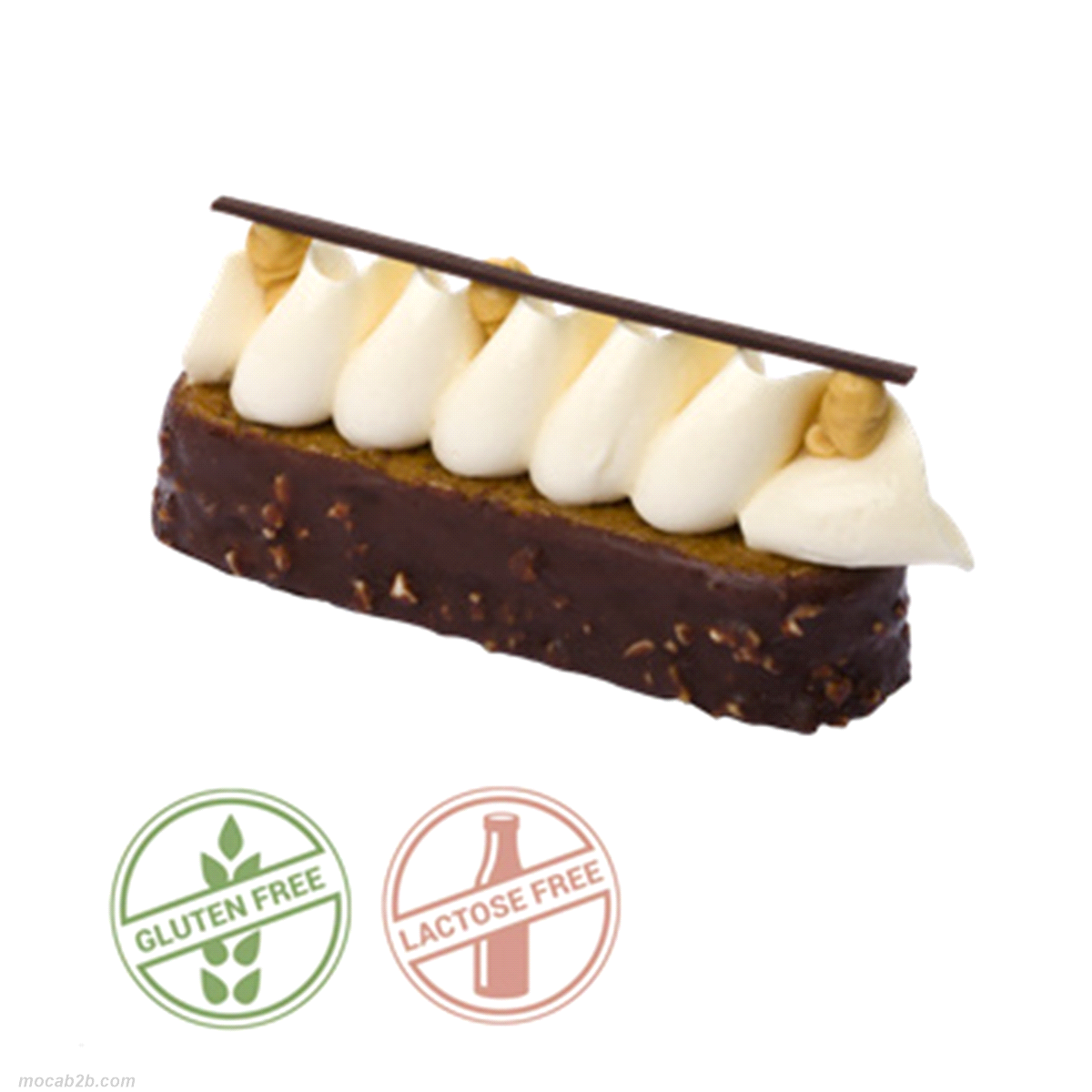 Monoporzione. Ricco cake alle nocciole, crema leggera allo zabaione e croccante glassa al cioccolato fondente senza glutine/senza lattosio. 11x4 cm xh 4 cm. Peso: 85 g. 