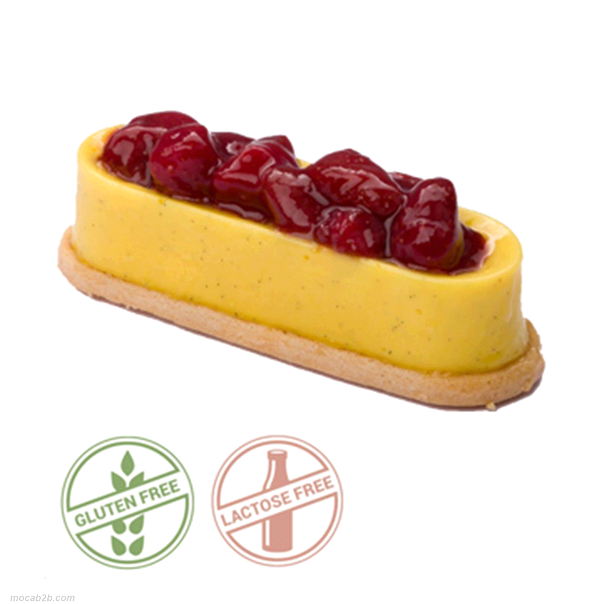 Monoporzione. Biscotto di frolla al burro delattosato, crema pasticcera alla vaniglia Bourbon, morbido gel di fragola e limone; il tutto arricchito da fragole pochée. Dimensione: 11x4 cm x h.4 cm. Peso: 85 g. 