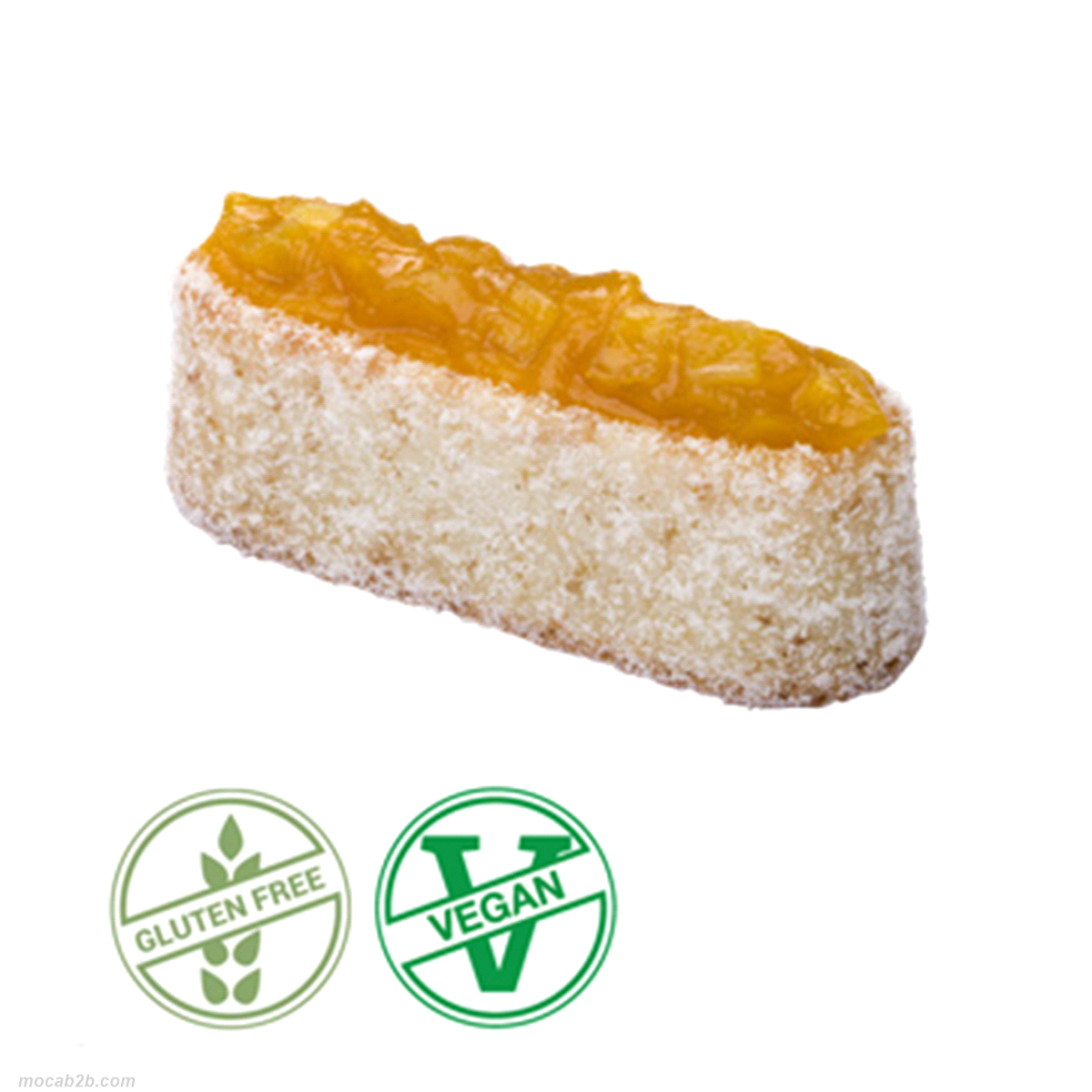 Monoporzione mango e cocco vegan senza glutine surgelata. Rettangolare 11x4 cm - altezza 4 cm. Peso: 85 g. 