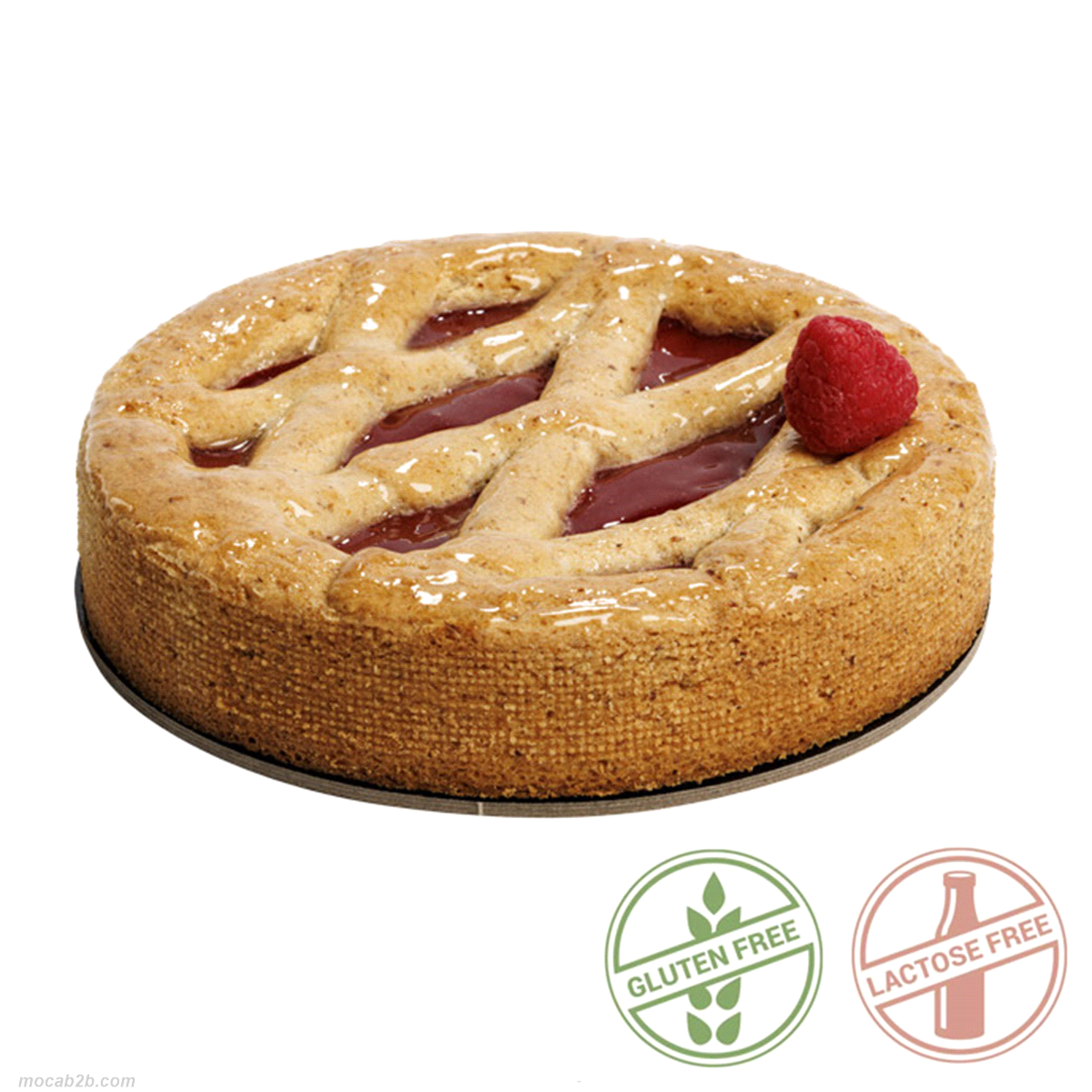 Torta con friabile impasto alla nocciola arricchito dalla cannella, abbinato ad un cremoso di lamponi senza glutine e senza lattosio. diam.cm.18xh.4. Peso 350gr. 