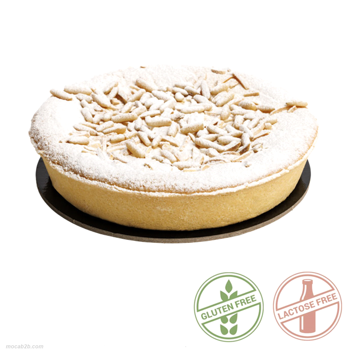 Torta con pasta frolla al burro, crema pasticcera aromatizzata al limone, copertura di frolla montata decorata con pinoli e mandorle. Senza glutine e senza lattosio. Peso 450 gr.  Ø16 H 4 cm. 