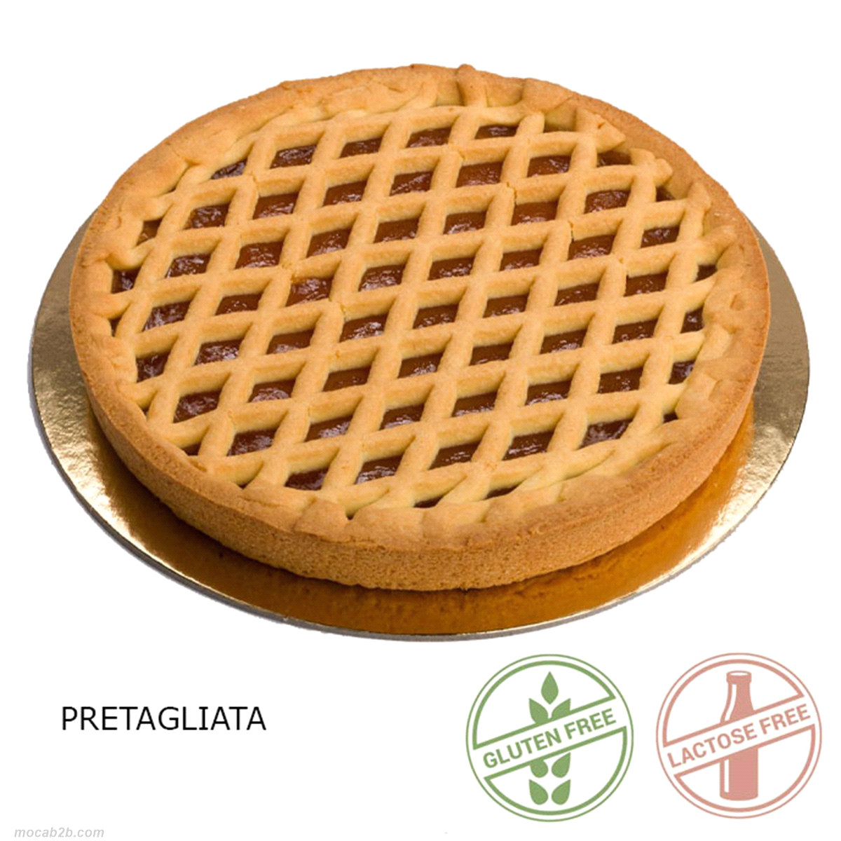 Base di frolla fragrante al burro delattosato con confettura di albicocche. Senza glutine e senza lattosio. Pretagliata 12 fette. Rotonda, Ø 24cm - h 3cm 