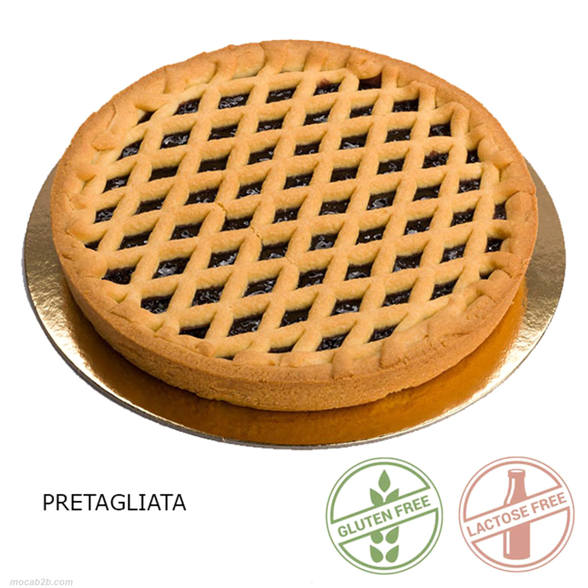 Base di frolla fragrante al burro delttosato con confettura di visciole. Senza glutine e senza lattosio. Pretagliata 12 fette. Rotonda, Ø 24cm - h 3cm. 