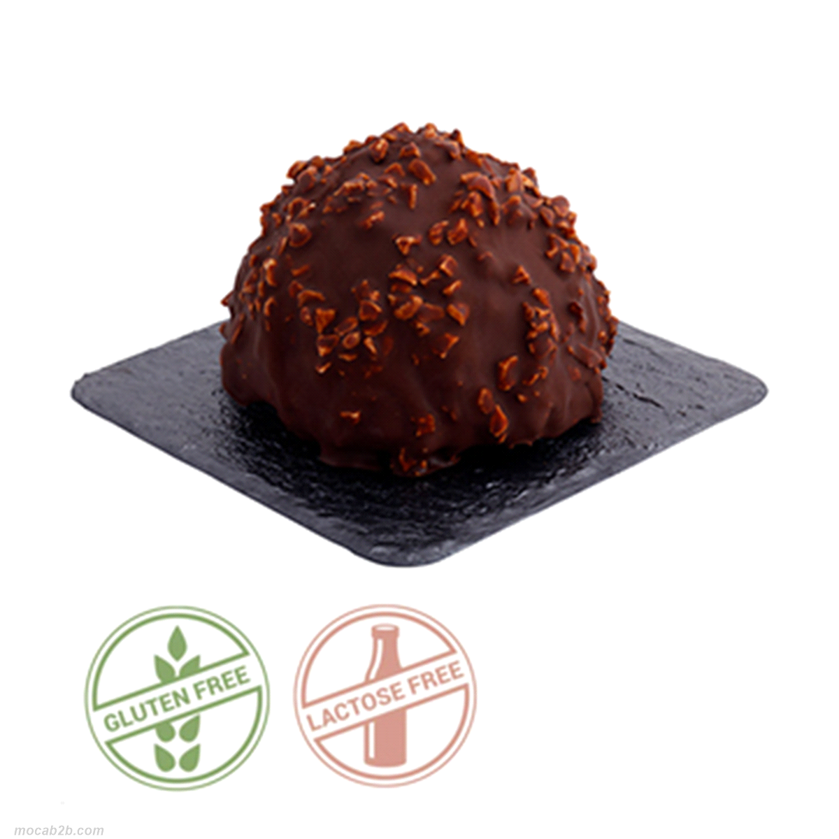 Monoporzione con base di cioccolato e corn flakes, crema Cheesecake e caramello, ricoperto con cioccolato al latte e granella di nocciole. Senza glutine e senza lattosio. 95 gr. Ø 7cm - h 3,5cm 