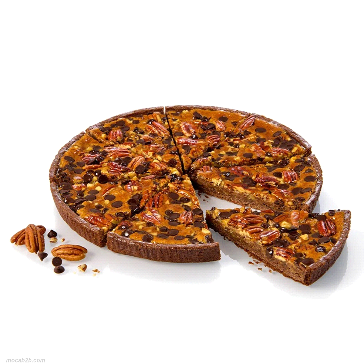 Torta pretagliata (8x80g) con pasta frolla al burro e cacao, frangipane alle noci, decorato con gocce di cioccolato e pecan. Scongelare in frigorifero per 3,5 h. 6 torte 