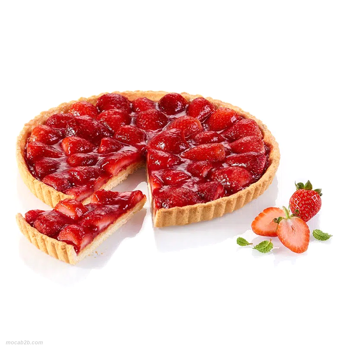 Crostata alle fragole pretagliata. Dimensioni 27 cm. Lasciare scongelare la crostata a 4°C per circa 9 ore e 30 minuti. 2 pezzi 