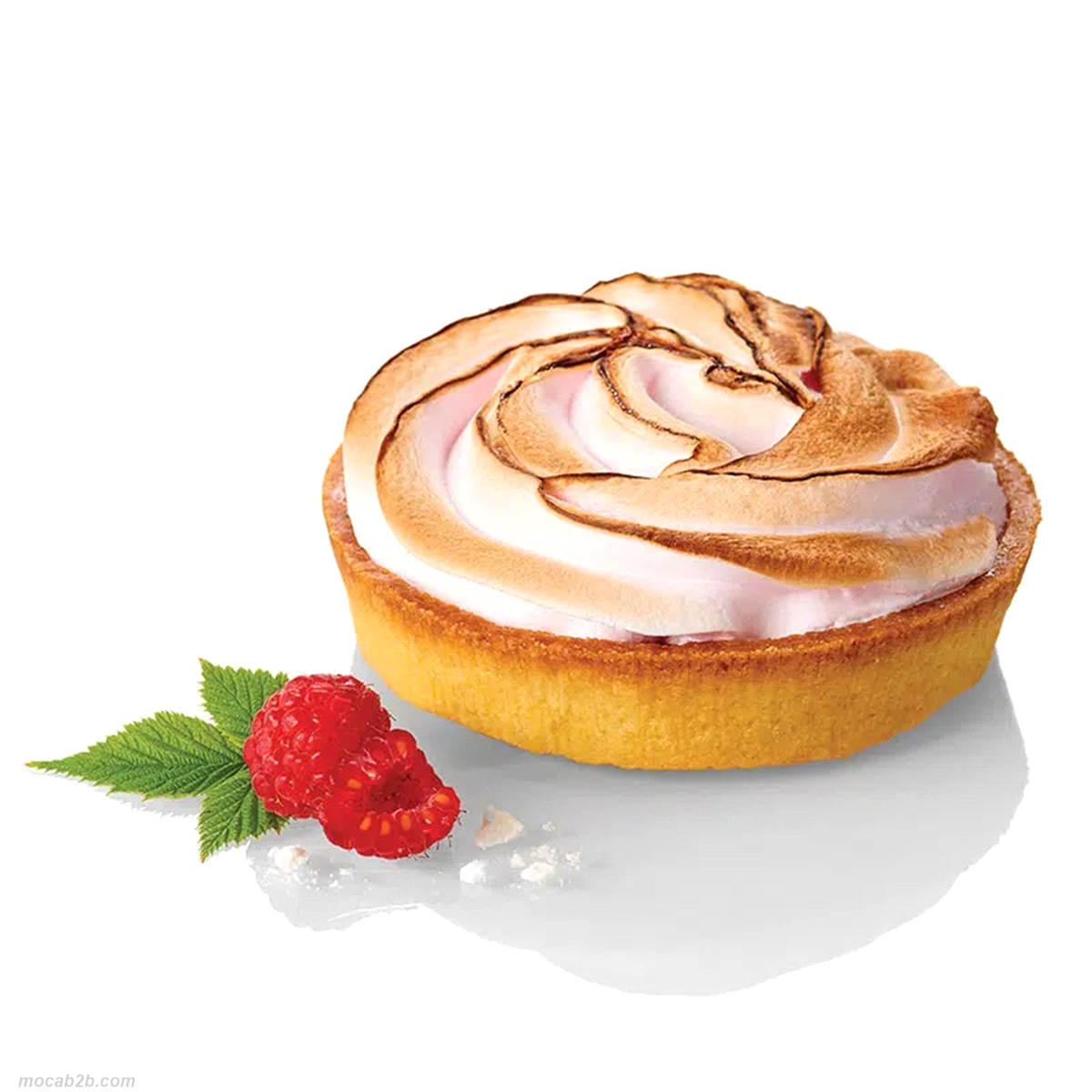 Monoporzione composta da una pasta frolla al burro con un morbido ripieno di lamponi e decorata con una spirale di meringa rosa chiaro. Dimensione 10 cm. Scongelare 3 ore in frigorifero. 18 pz 