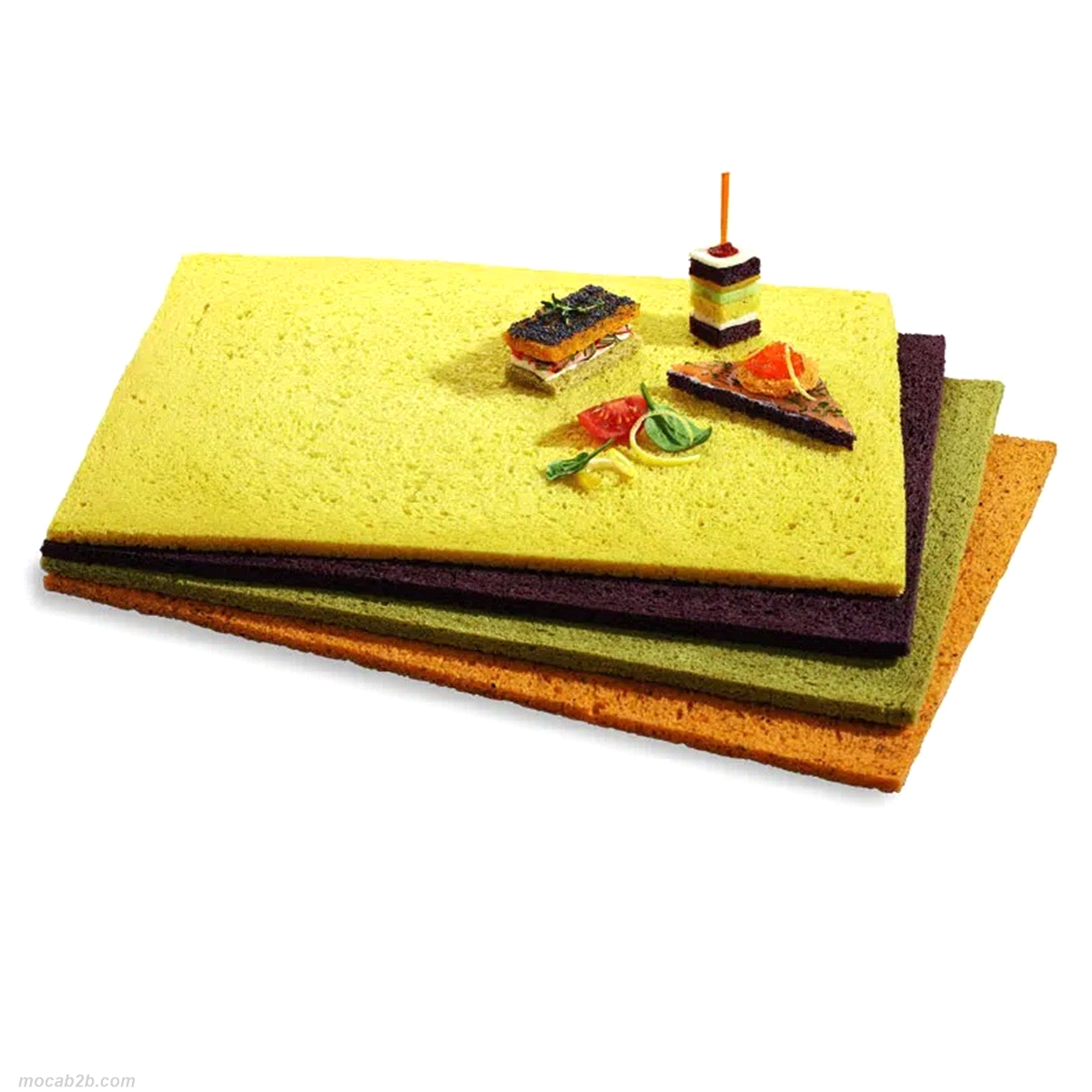 20 strati di pane in 4 diverse varietà (30x40cm): al pomodoro, agli spinaci, alla carota e ibisco, alle carote. 