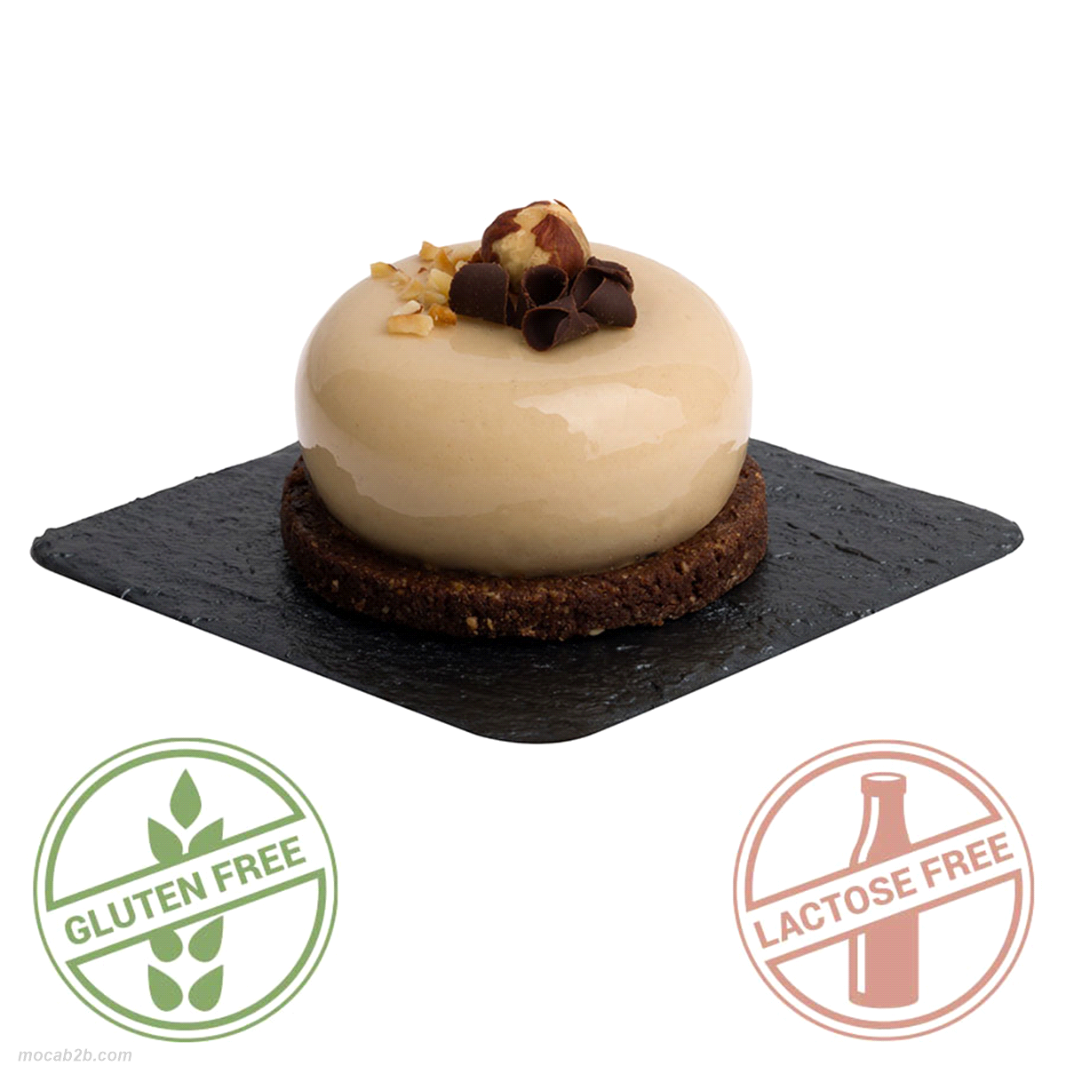 Monoporzione 100gr. Fondo di crumble al cacao e bisquit alla nocciola con crema leggera alla nocciola e pralinato di nocciole della Tuscia. SENZA GLUTINE ESENZA LATTOSIO 