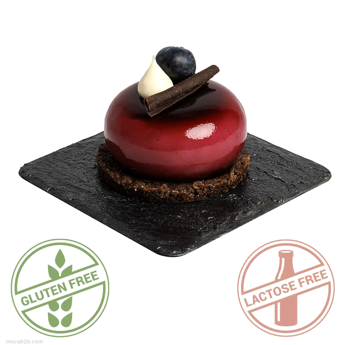 Monoporzione 120gr. Fondo di crumble al cacao e crema diplomatica con inserto di frutti rossi pochée accompagnata da un morbido biscuit al cioccolato. SENZA GLUTINE E SENZA LATTOSIO 