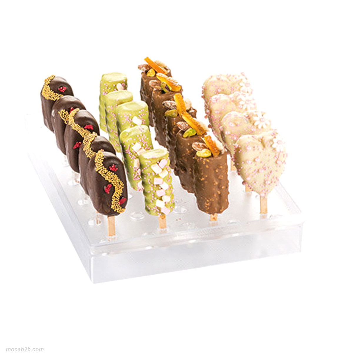 Espositore in polistirene per presentare in modo funzionale mini gelati su stecco, cake pops e mini coni gelato. Misure: 235 x 360 h 48 mm. 