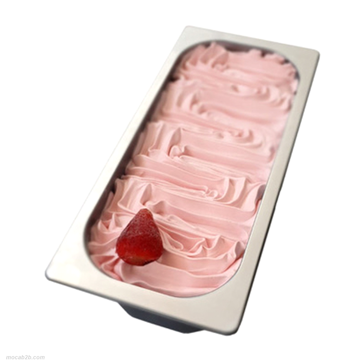 Vaschetta di gelato al gusto di fragola. Chiusura ermetica con coperchio in plastica trasparente. 