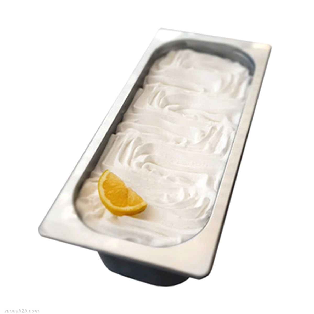 Vaschetta di gelato al gusto di limone. Chiusura ermetica con coperchio in plastica trasparente. 