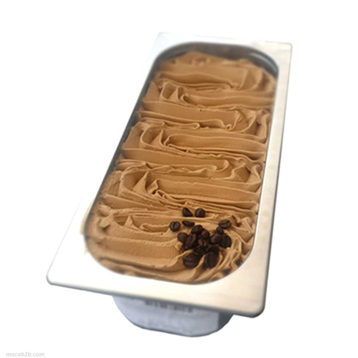 Vaschetta di gelato al gusto caffè. Chiusura ermetica con coperchio in plastica trasparente. 