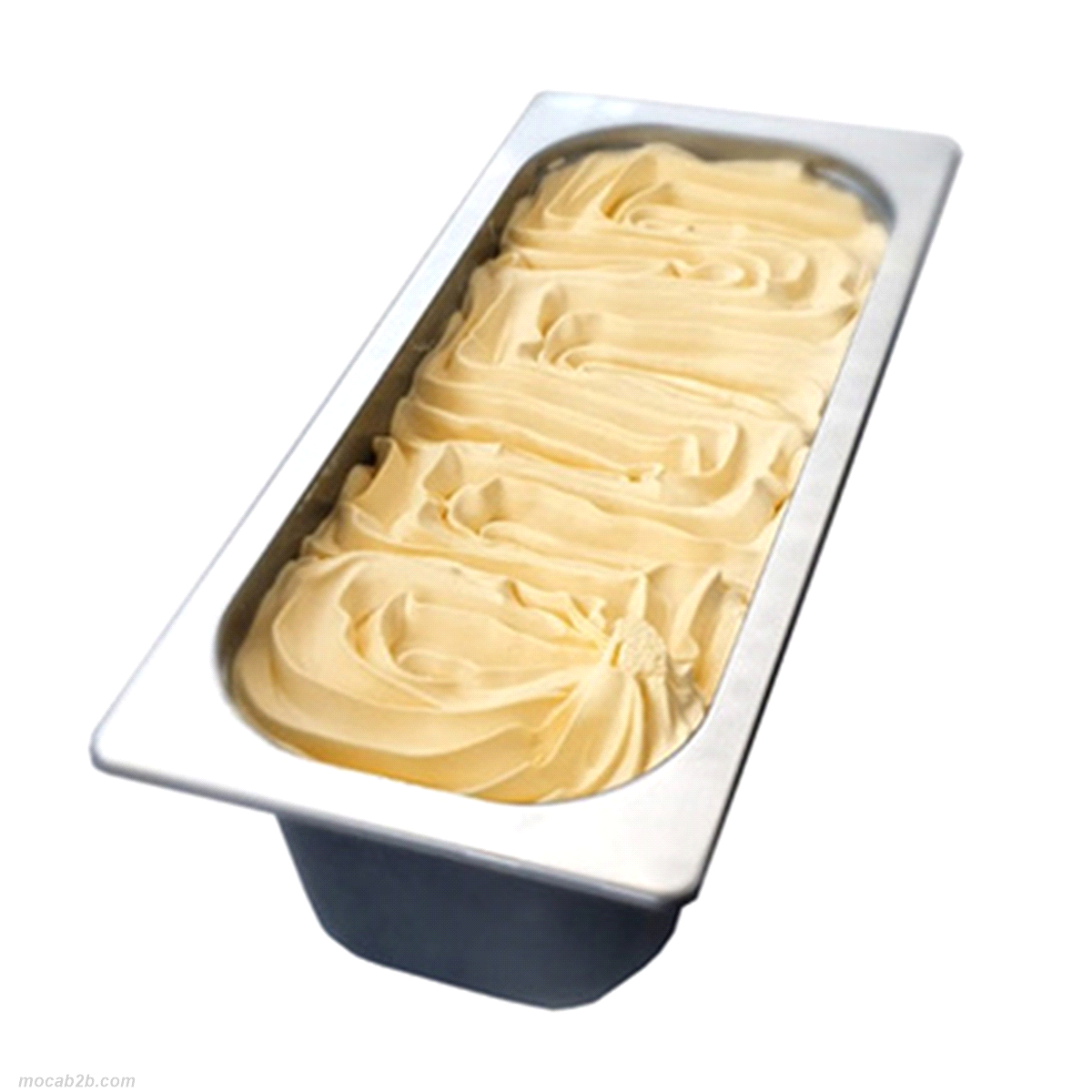 Vaschetta di gelato al gusto di mango. Chiusura ermetica con coperchio in plastica trasparente. 