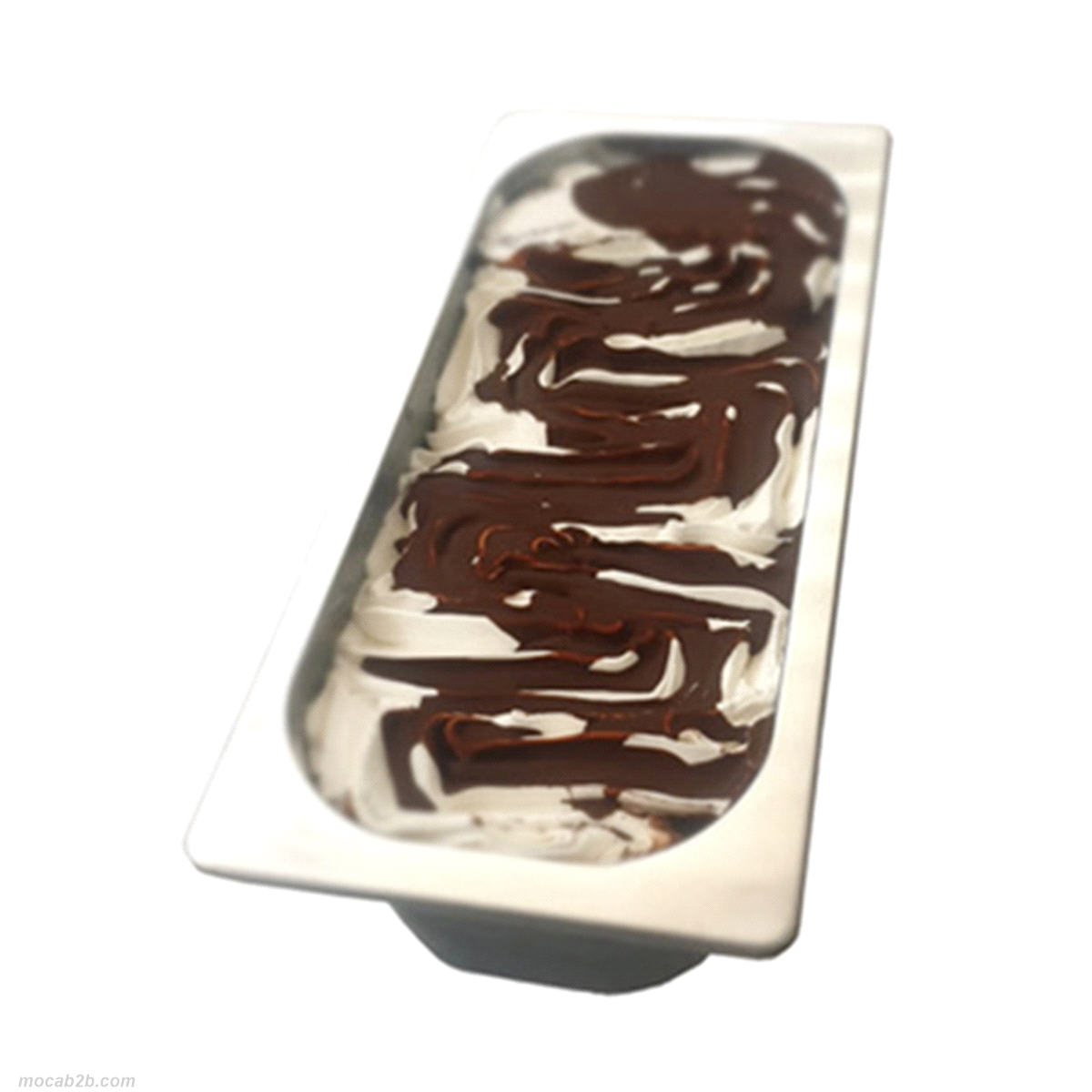 Vaschetta di gelato al gusto di fiordilatte e cioccolato. Chiusura ermetica con coperchio in plastica trasparente. 