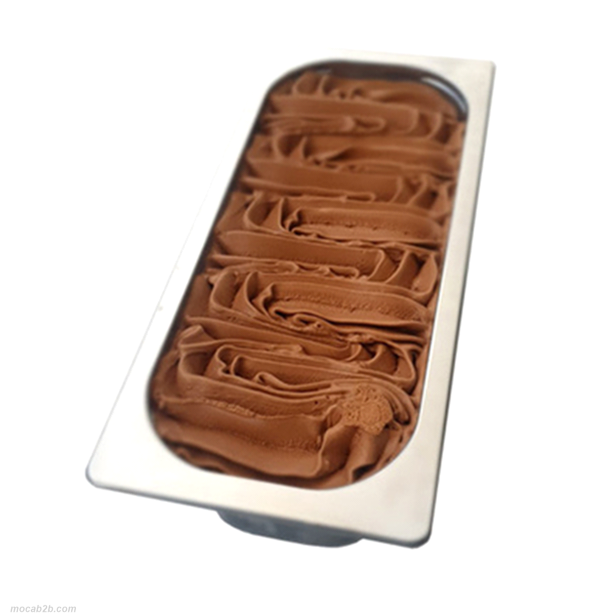 Vaschetta di gelato al gusto di cioccolato. Chiusura ermetica con coperchio in plastica trasparente. 