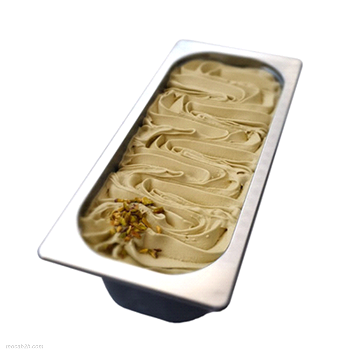 Vaschetta di gelato al gusto di pistacchio. Chiusura ermetica con coperchio in plastica trasparente. 