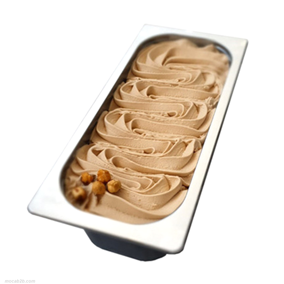 Vaschetta di gelato al gusto di nocciola. Chiusura ermetica con coperchio in plastica trasparente. 