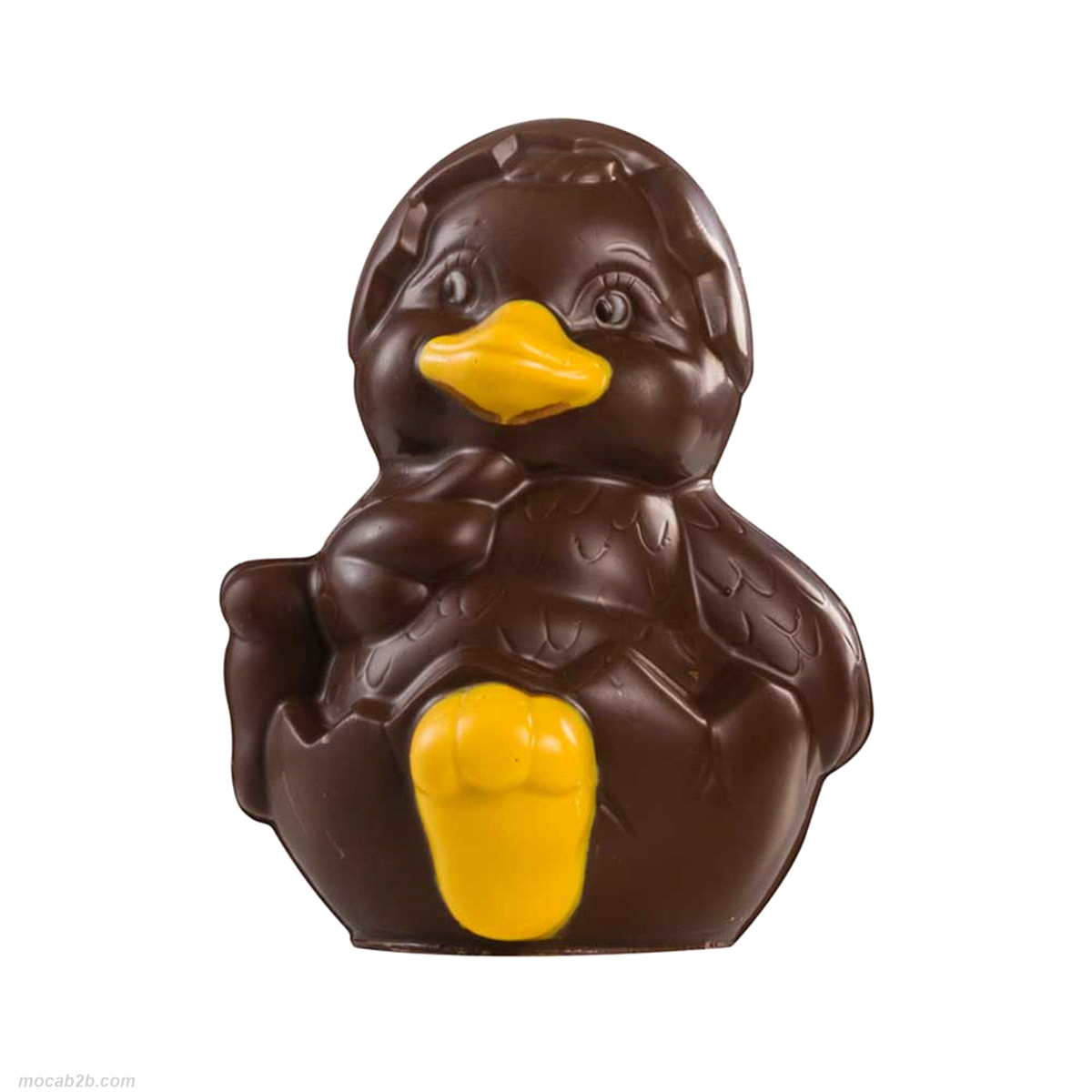 Stampo in plastica rigida termoformata per soggetti pasquali in cioccolato con corpo cavo a forma di papera su uovo. Con molle per il fissaggio. 