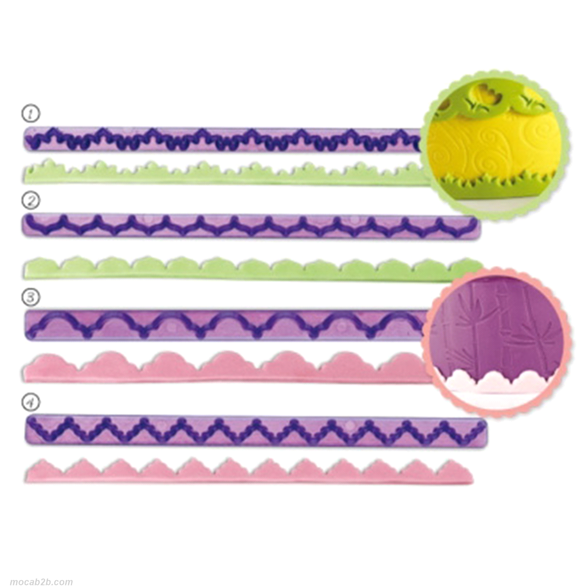 Stampi per bordature e decorazioni a rilievo per pasta di zucchero. 4 decorazioni 