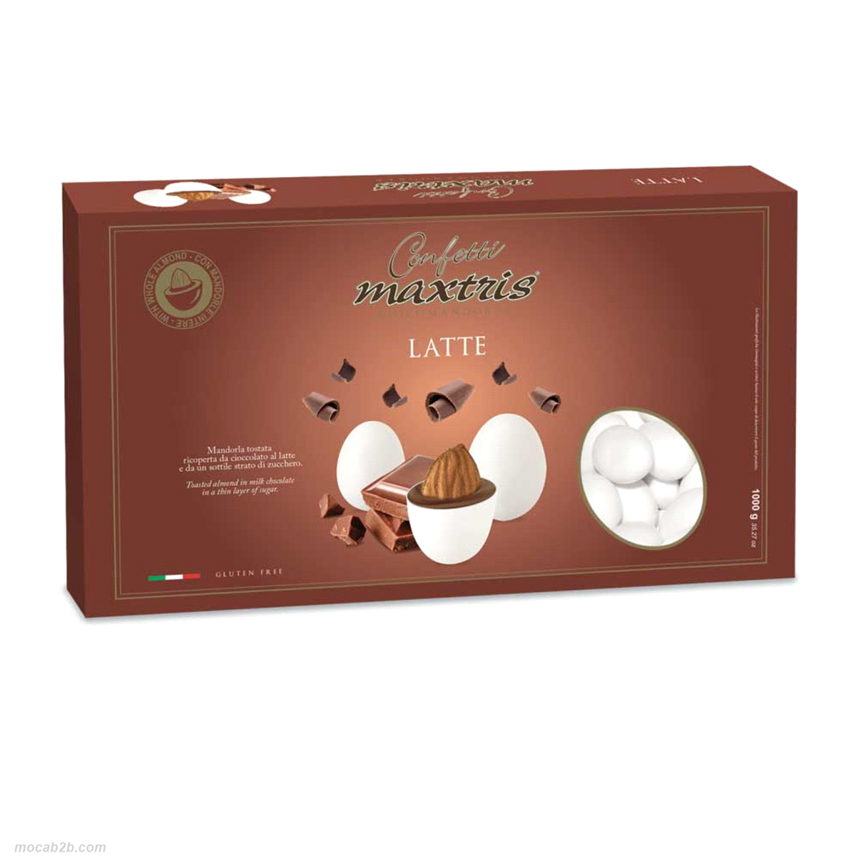 Mandorla tostata ricoperta da cioccolato al latte e da un sottile strato di zucchero.
 