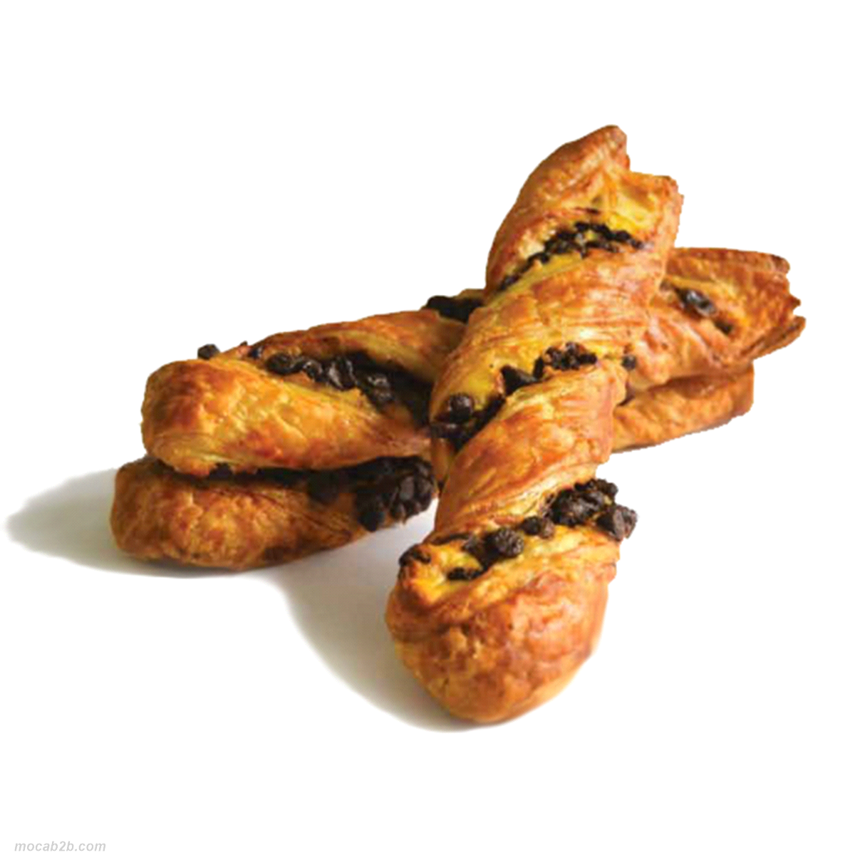 Treccia sfogliata al burro con crema pasticcera e pepite di cioccolato. 13% burro sul prodotto finito. Crema con 14,5% di pepite di cioccolato. Peso: 100 gr.
Tempi di cottura: 18-20 min - 170°C
 