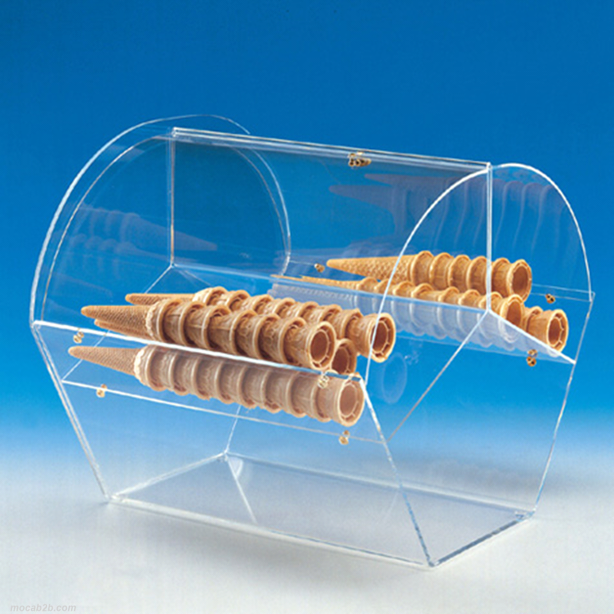 Portaconi 3 spazi in plexiglas trasparente. Parti superiori circolari e parte centrale asportabile. Dimensioni: 46x41x38h 