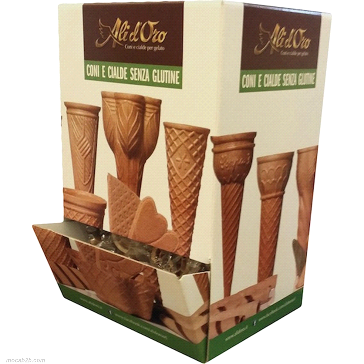 Cono Coppa 3 Gluten Free ESPOSITORE
Dimensioni : H= 128 mm, dim. est. = 49, dim. int. = 28
40 pezzi imbustati singolarmente
 
