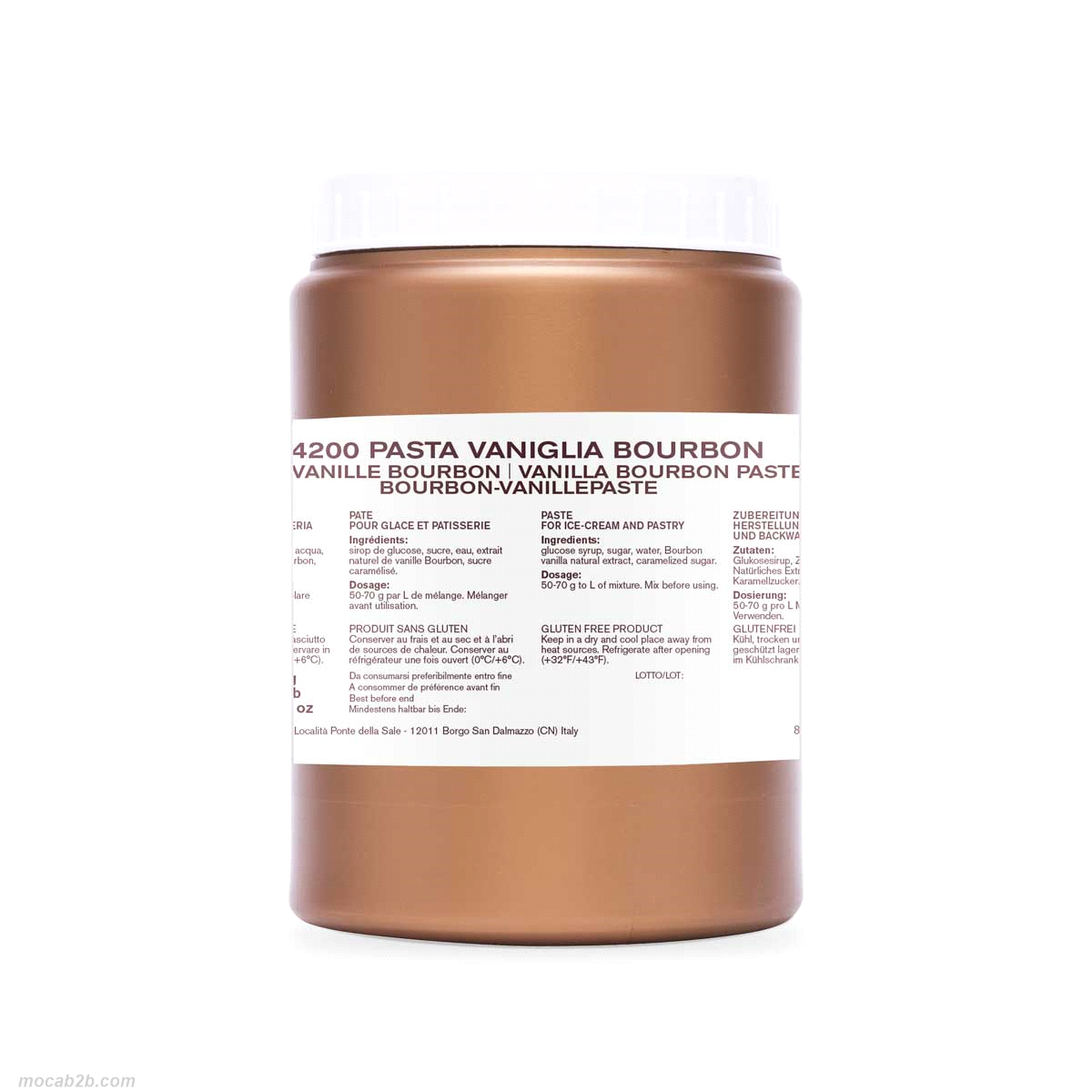 Con estratto naturale di vaniglia Bourbon del Madagascar, con un aspetto puntinato dovuto ai semi del baccello. Prodotti per gelateria e pasticceria. 50-70 g/l miscela 