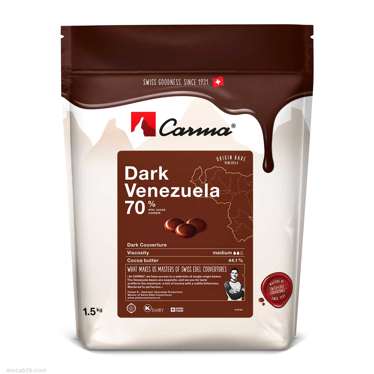 Cacao realizzato interamente con fave del Venezuela. Gusto intenso di cacao con cenni di chicchi di caffè e una delicata nota amara. Prodotto vegano. Fluidità: media. 