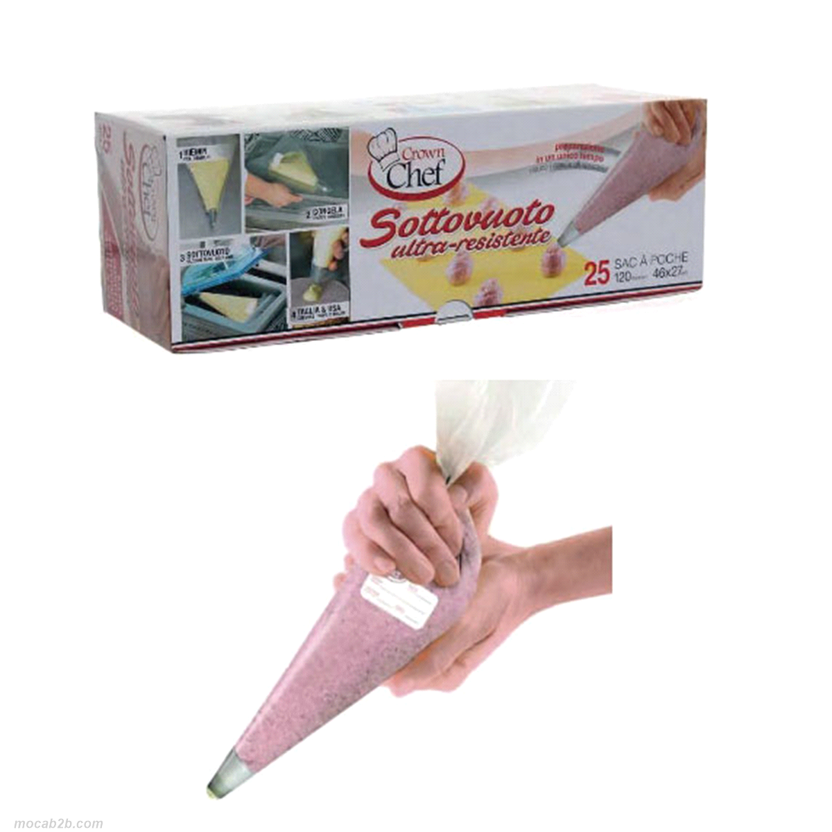 Sac a poche professionale di forma conica ultra resistente per congelamento e sottovuoto, dimensioni 46x27 cm in PE polietilene a bassa densità trasparente, spessore 120 micron. 