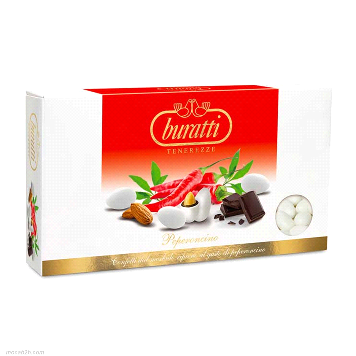 Raffinati confetti di qualità finissima, con morbido ripieno al gusto di peperoncino. Colore bianco. Confezione da 1 kg. Gluten free.
 
