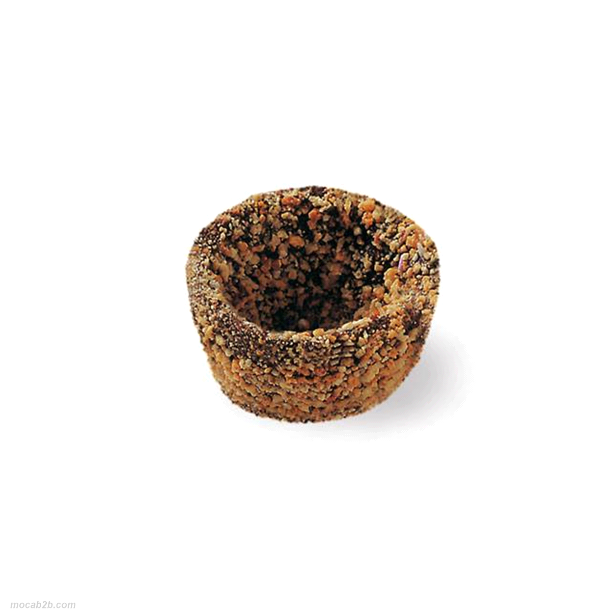 Cestine in cialda stampata ricoperte di cacao e granella all’amaretto. Dimensione: 2,1 cm – Ø 4,5 cm. 