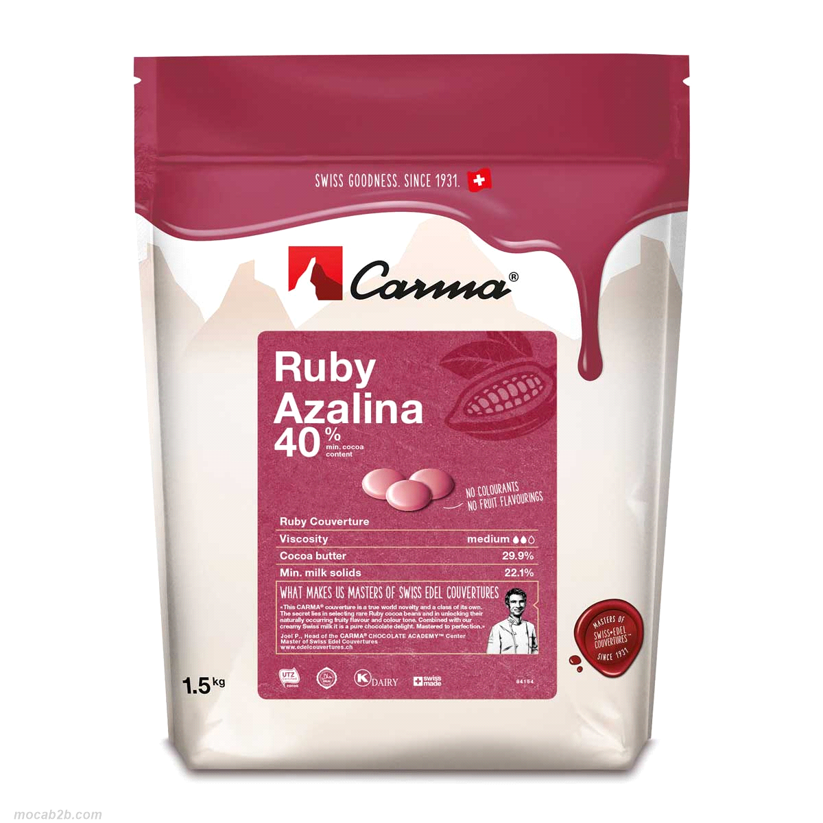 100% cioccolato di copertura naturale. Colore rubino unico, ottenuto da fave di cacao appositamente selezionate. Consistenza cremosa tipica del cioccolato svizzero, coronata da note fruttate. Fluidità: media. 