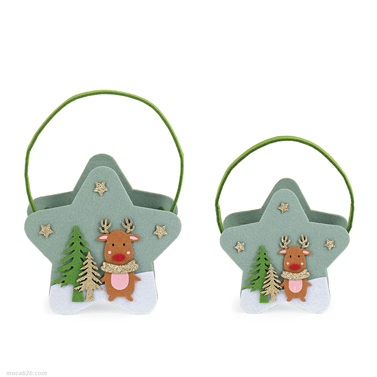 Set 2 contenitori a forma di stella con manici, di colore verde. Misure: 14x13 e 17x16cm. 