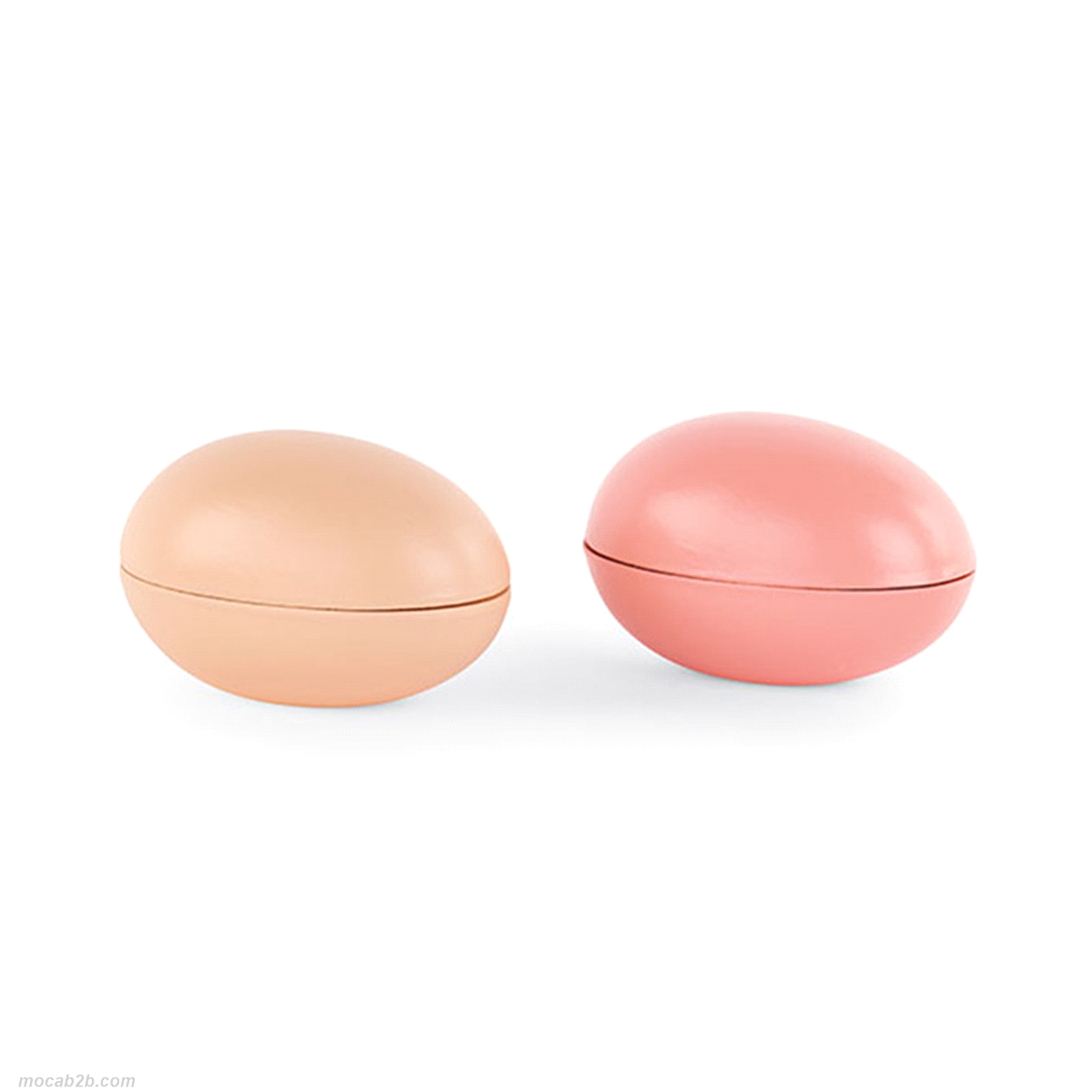 Uovo contenitore in legno nei colori arancione e melone assortiti. Dimensioni: 15x10xh. 9,5cm. 