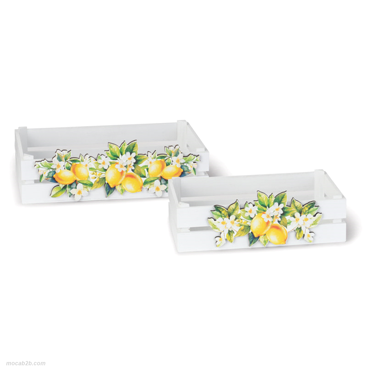 Set 2 cassette bianche con limoni. Dimensioni: 30x18xh.8,5/35x20,5xh.10,5cm. 