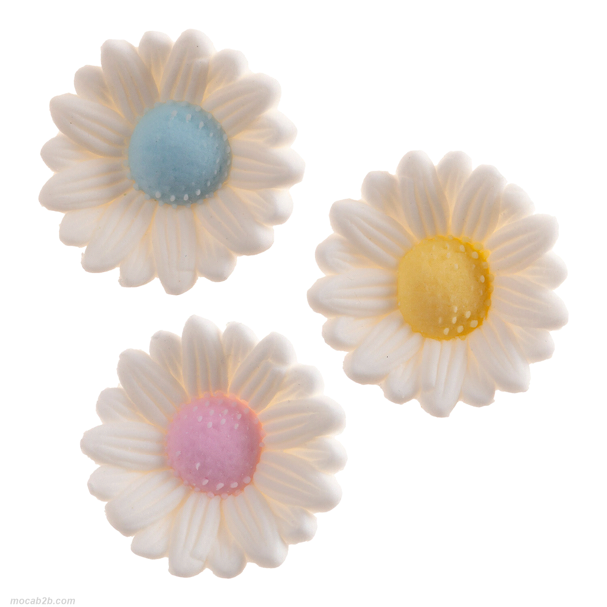 Margherite in 3 colori in zucchero. Adatto ai vegetariani, Senza e171, Senza glutine, Senza lattosio, Senza proteine del latte. 